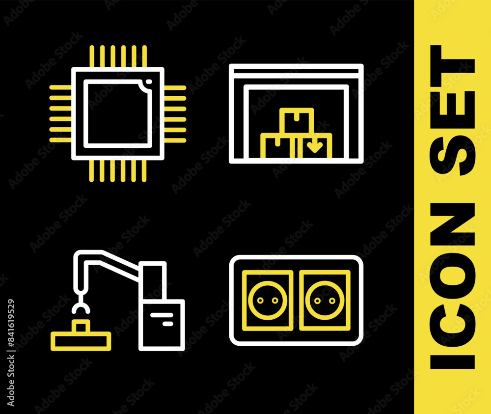 Poster set line warehouse, electrical outlet, robotic robot arm hand factory and processor with microcircui