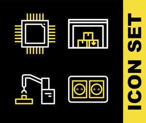 Set line Warehouse, Electrical outlet, Robotic robot arm hand factory and Processor with microcircuits CPU icon. Vector