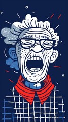Abstract illustration of an elderly man with glasses, a plaid shirt, and a red scarf, shouting with joy against a dark blue background