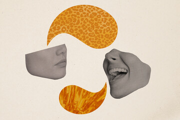 Composite artwork collage image picture of two people dialogue bubble isolated on creative background