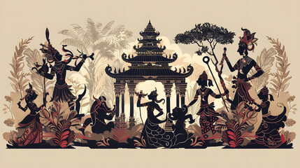 Traditional Indonesian Wayang Art Depicting Mythological Characters and Temple, Cultural Heritage and Folklore of Indonesia, Vibrant Traditional Costumes and Dance