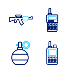 Set line Walkie talkie, Hand grenade, and M16A1 rifle icon. Vector