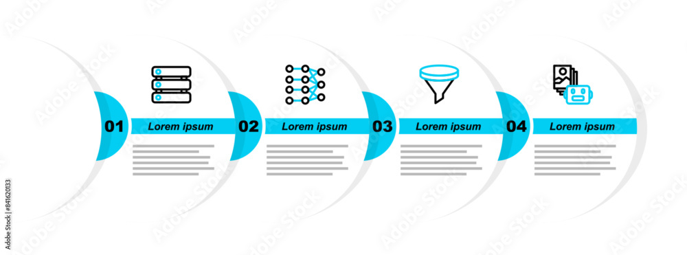 Poster set line artificial intelligence robot, funnel or filter, neural network and server, data icon. vect