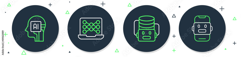 Poster set line neural network, artificial intelligence robot, humanoid and chat icon. vector