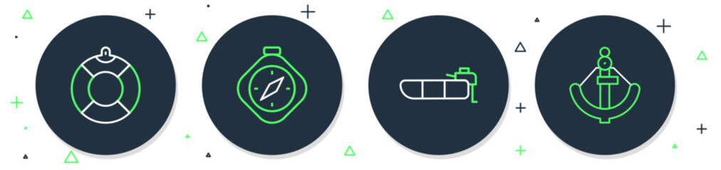 Set line Compass, Inflatable boat with motor, Lifebuoy and Anchor icon. Vector