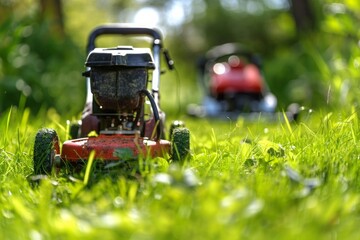 The lawn mower's close-up reveals the sharp blades cutting through the grass, turning the wild lawn into a pristine green carpet