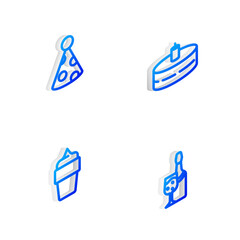 Set Isometric line Cake with burning candles, Party hat, Ice cream waffle cone and Champagne bottle icon. Vector