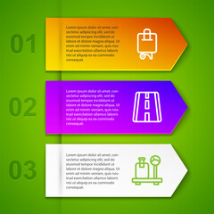 Set line Suitcase, Airport runway and Scale with suitcase. Business infographic template. Vector