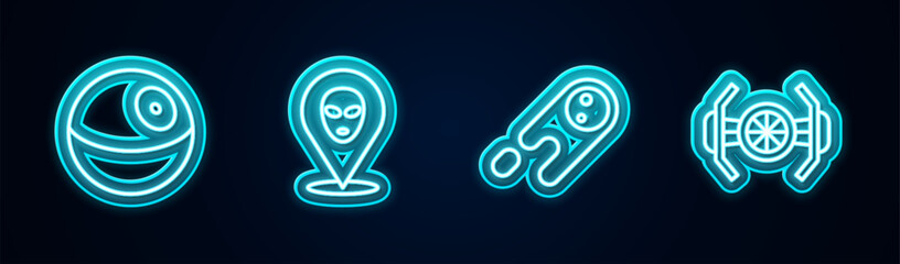 Set line Planet, Alien, Comet falling down fast and Cosmic ship. Glowing neon icon. Vector