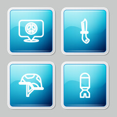 Set line Location peace, Military knife, helmet and Rocket launcher icon. Vector