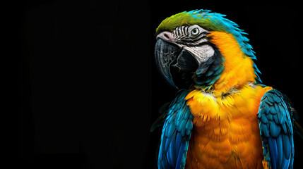 Vibrant blue and yellow macaw parrot on a dark background