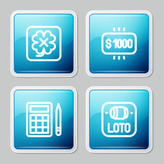 Set line Casino slot machine, Money prize casino, Bingo card and Lottery ticket icon. Vector