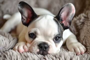 Cute french bulldog puppy with big ears lying down on a plush blanket