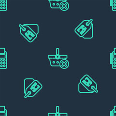 Set line Remove shopping basket, Price tag with Sale and POS terminal credit card on seamless pattern. Vector