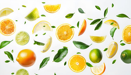 Obraz premium Different fresh citrus fruits and leaves falling on white background