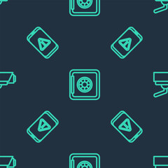 Set line Safe, Mobile with exclamation mark and Security camera on seamless pattern. Vector