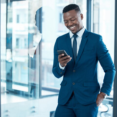Corporate, smile and black man with phone for internet research, social media and online news in...