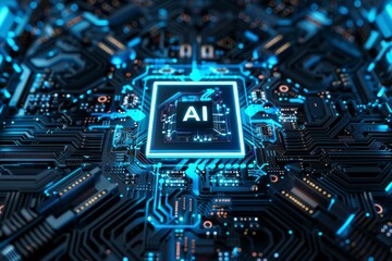 A close-up of a futuristic AI chipset with blue accents, highlighting the intricate circuitry and technological sophistication of artificial intelligence.
