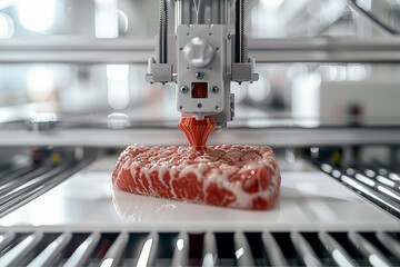 A close-up of a 3D printer in action, producing synthetic meat. The printer nozzle deposits layers of bio-ink to form a piece of meat on a flat surface.
