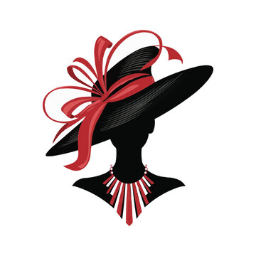 Silhouette of a woman wearing a big hat with earrings and necklace vector illustration