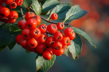 Fototapeta premium Lush rowanberry branch with ripe red fruits and green leaves, set against a soft-focus background