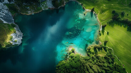 Aerial drone view of emerald blue lake and lush landscape
