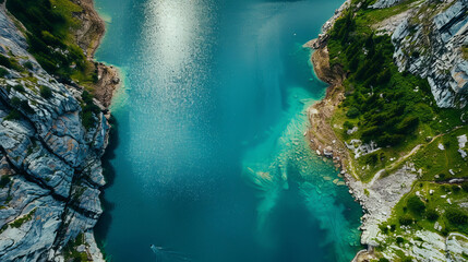Aerial drone top view of emerald blue lake between rocky cliffs