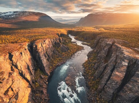 River canyon landscape in Sweden Abisko national park travel aerial view wilderness