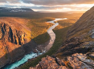 River canyon landscape in Sweden Abisko national park travel aerial view wilderness