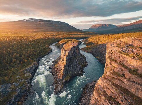 River canyon landscape in Sweden Abisko national park travel aerial view wilderness