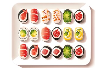 Top view of 32bit of Sushi in a vector cartoon style, isolate white background