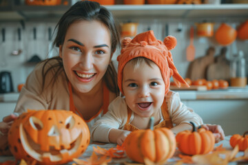 Fototapeta premium Mother and daughter are preparing for Halloween. Dress up and cook a celebration meal in the kitchen