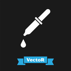 White Pipette icon isolated on black background. Element of medical, chemistry lab equipment. Pipette with drop. Medicine symbol. Vector