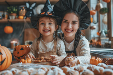 Fototapeta premium Mother and daughter are preparing for Halloween. Dress up and cook a celebration meal in the kitchen