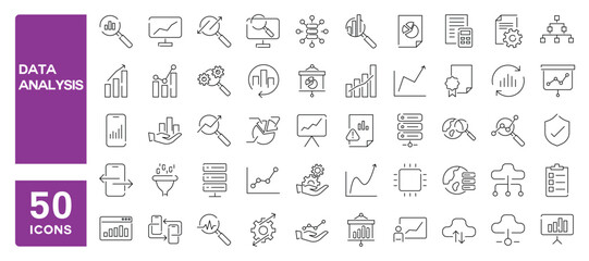 Set of 50 line icons related to data analysis, analytics, database, cloud computing, infographic, Editable stroke. Vector illustration