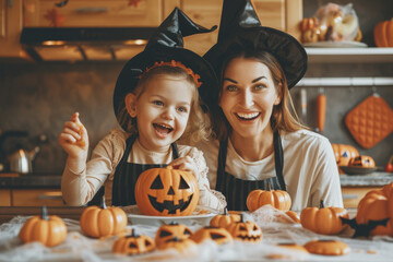 Fototapeta premium Mother and daughter are preparing for Halloween. Dress up and cook a celebration meal in the kitchen
