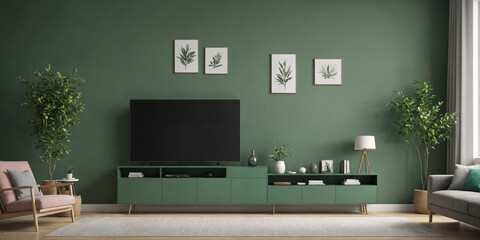 Green living room wall background with decorative chair, lamp frame middle table and poster style.