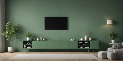 Green living room wall background with decorative chair, lamp frame middle table and poster style.