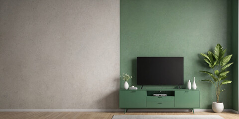 Green living room wall background with decorative chair, lamp frame middle table and poster style.