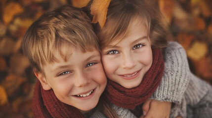 Smiling Siblings Hugging in Autumn Leaves


