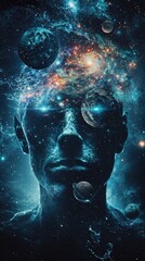 A woman's head is made of the universe, with two heads and an earth in his eyes, planets orbiting around it.