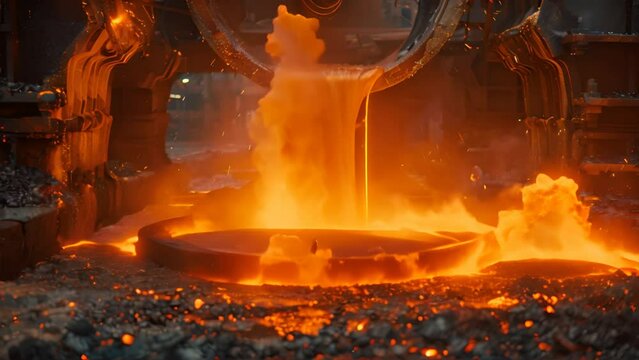 Steelworkers in a foundry pouring molten metal, capturing the intense environment of heavy industry 