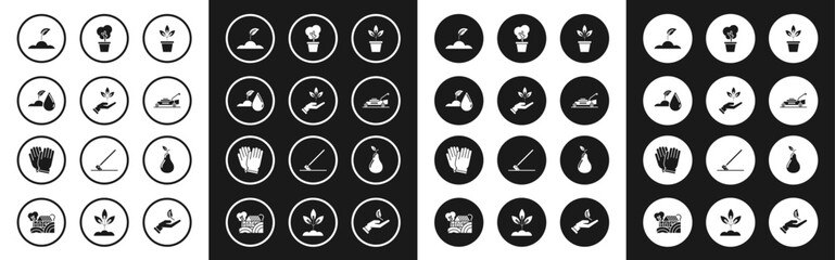 Set Flowers in pot, Plant hand of environmental protection, Watering sprout, Sprout, Lawn mower, Tree, Pear and Garden gloves icon. Vector