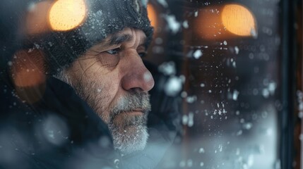 Middle aged man feeling down during winter contemplating his issues visible in the window s reflection