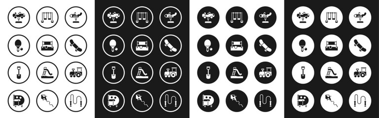 Set Swing plane, Volleyball net with ball, Racket and, car, Skateboard trick, Double swing, Toy train and Shovel toy icon. Vector