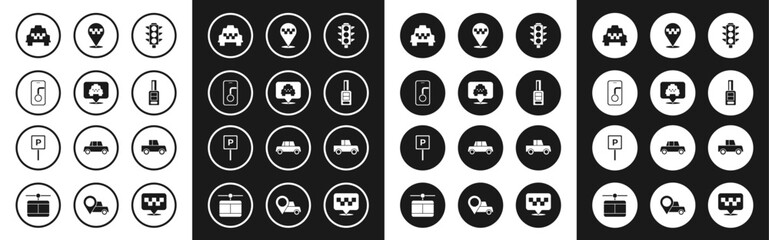 Set Traffic light, Location with taxi, City map navigation, Taxi car, Car key remote, and Parking icon. Vector