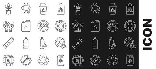 Set line Can with recycle symbol and can, Solar energy panel, Recycle bin, Canister for gasoline, Sprout hand of environmental protection, Plant bottle and No trash icon. Vector