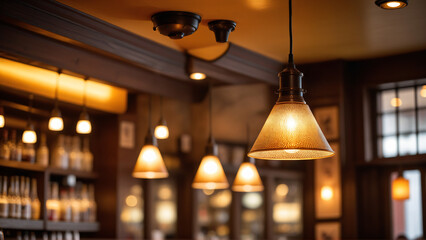 Lampe ou lustre éclairant un l'intérieur d'un restaurant.
