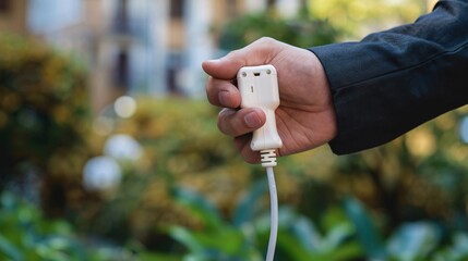 Hand holding an electric plug isolated on a white background.
