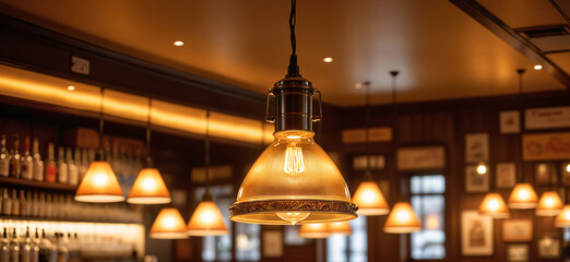 Lampe ou lustre éclairant un l'intérieur d'un restaurant.